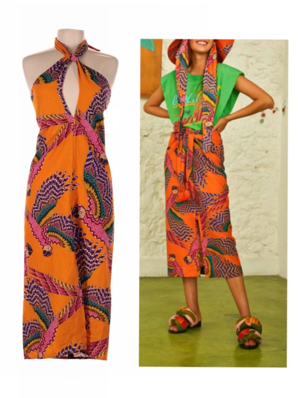 Farm Rio Beaded Macaws Midi M  Dress Tropical Halter Convertible Skirt Resort